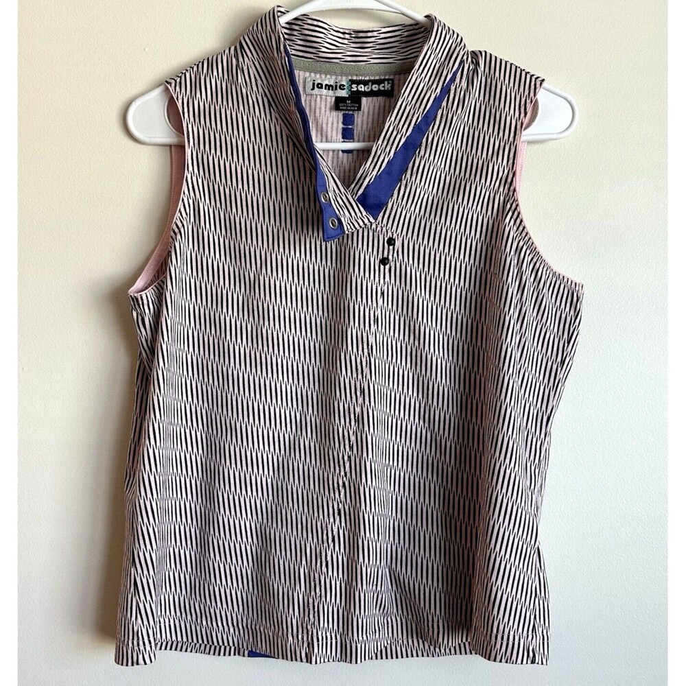 Jamie Sadock Blue and Blush Geometric Sleeveless Polo Golf Shirt with Blue Trim